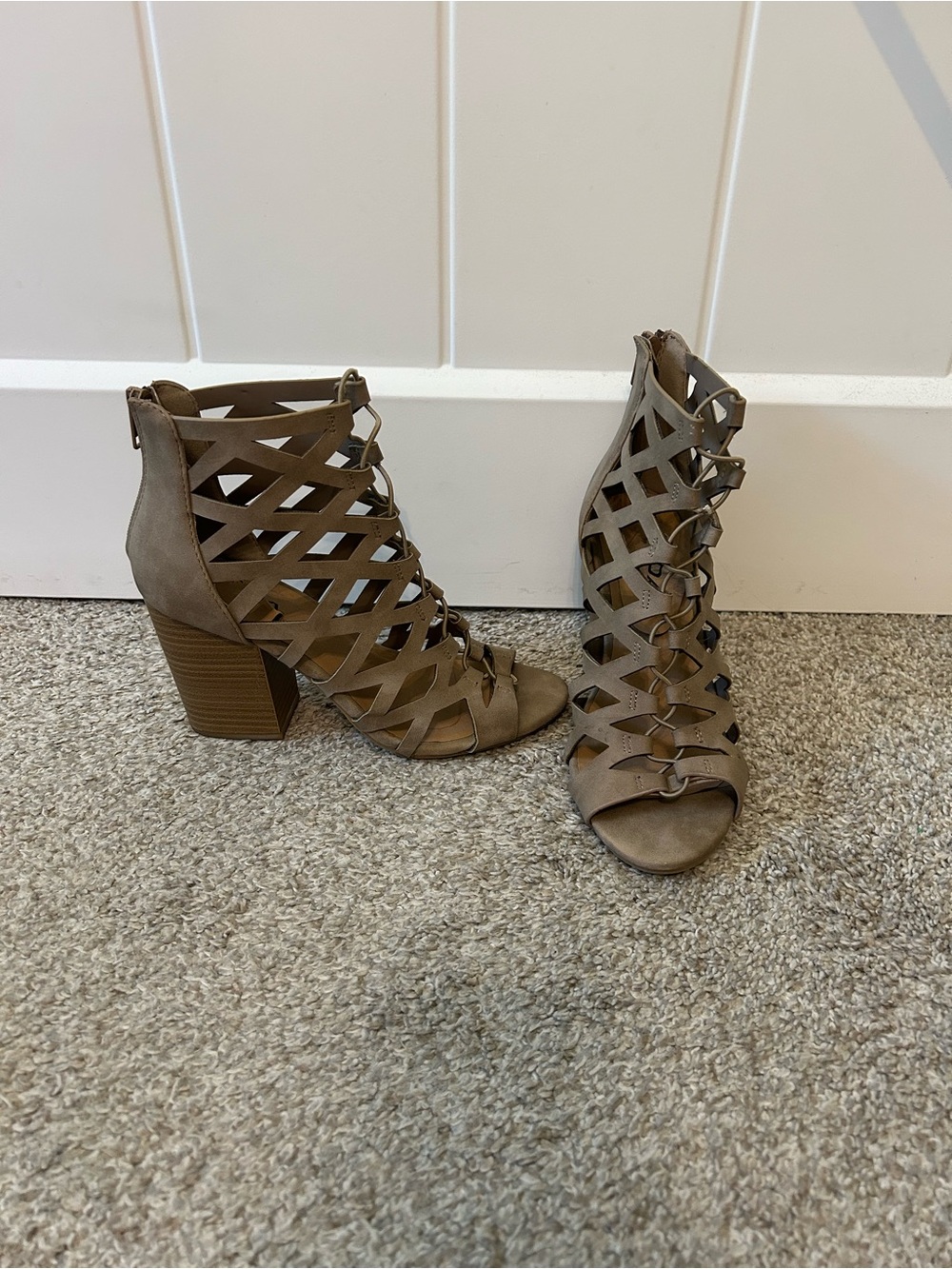 Women's Taupe Lattice Block Heel Sandals